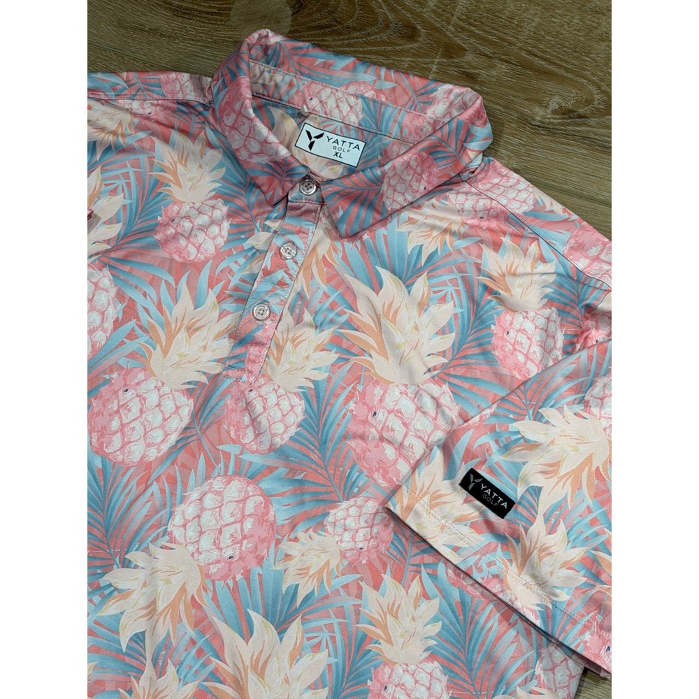 Yatta‎ Golf Performance Polo Shirt Mens XL Pink Blue Pineapple Tropical Floral